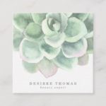 Modern Trendy Sage Green Watercolor Succulent Square Business Card