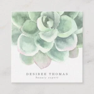 Modern Trendy Sage Green Watercolor Succulent Square Business Card