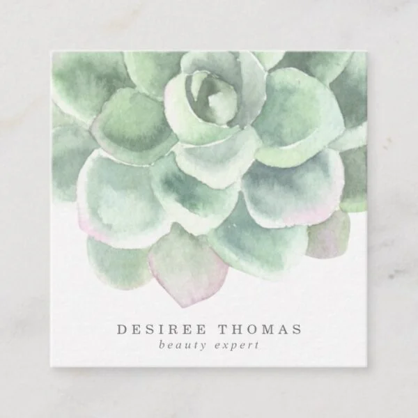 Modern Trendy Sage Green Watercolor Succulent Square Business Card