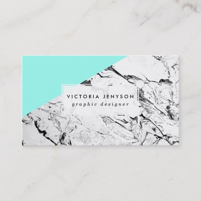 Modern turquoise color block white marble pattern business card