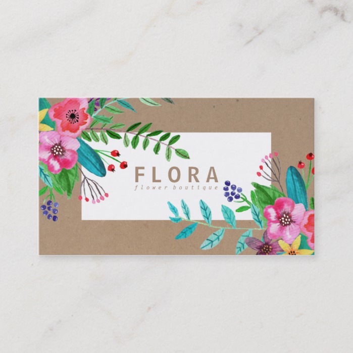 Modern watercolor flowers art brown paper florist business card