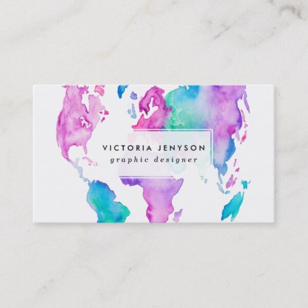 Modern world map globe bright watercolor paint business card