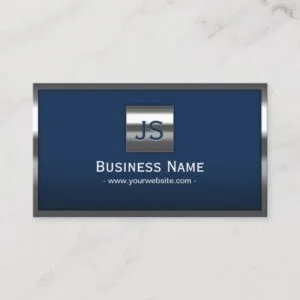 Monogram Navy Blue Modern Metal Frame Professional Business Card
