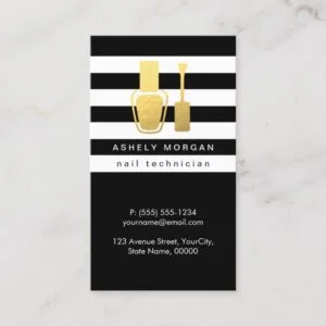Nail Technician Gold Polish Bottle B&W Stripes Business Card