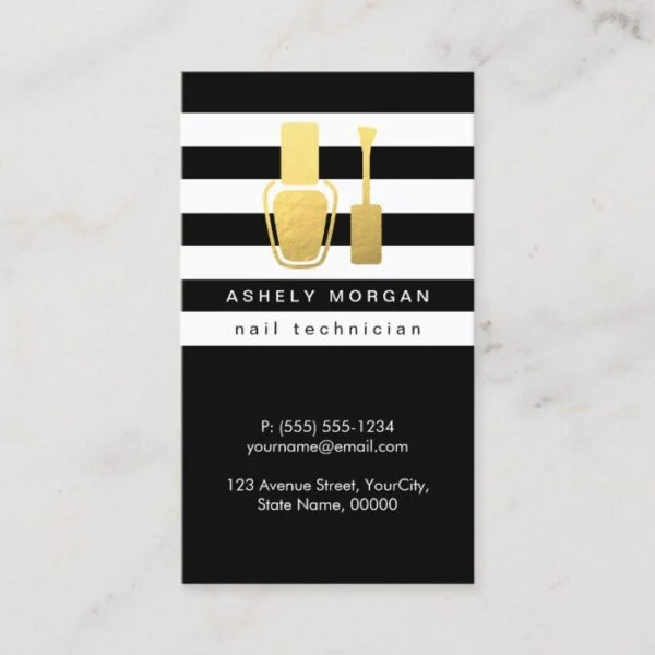 Nail Technician Gold Polish Bottle B&W Stripes Business Card