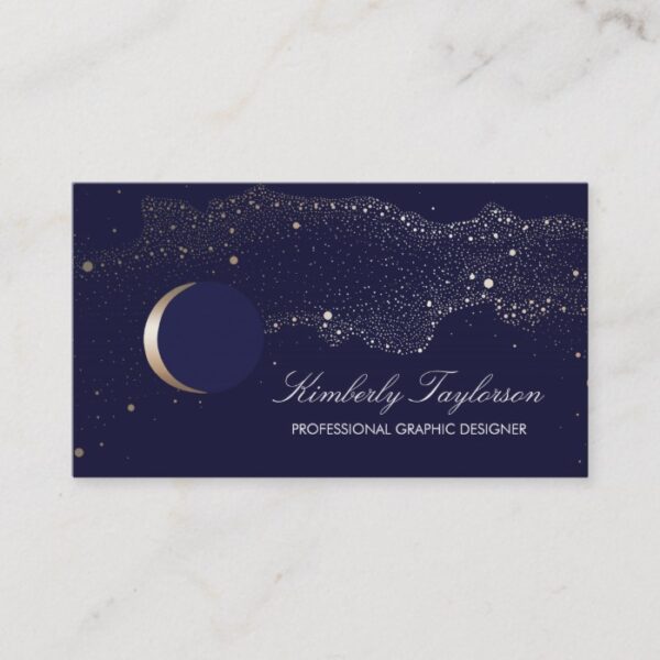 Navy and Gold Night Stars Crescent Moon Modern Business Card