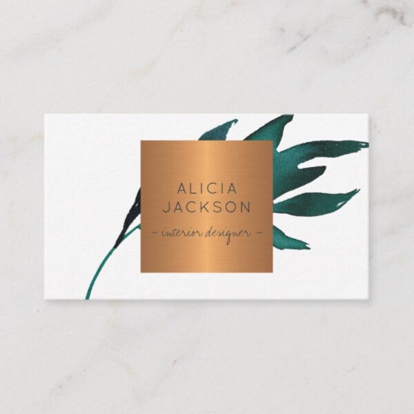 Ocean blue leaf glam copper chic interior designer business card