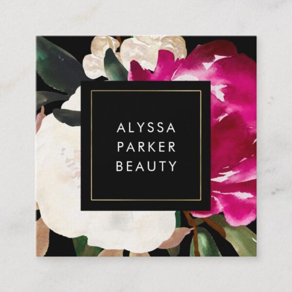Painted Magnolia on Black Square Business Card