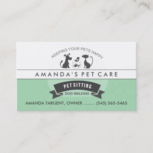 Pet Sitting & Care Green & White Retro Design Business Card