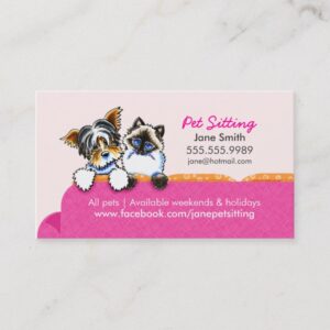 Pet Sitting Yorkie w/ Cat Couch Pink Business Card
