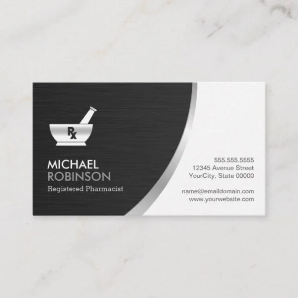 Pharmacy Pharmacist Logo - Modern Black Silver Business Card