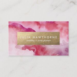 Pink Watercolor and Gold Faux Foil Business Card