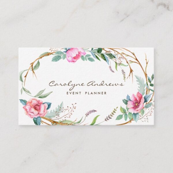 Pink Watercolor Bohemian Floral Wreath Business Card