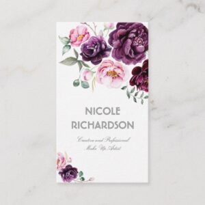 Plum Purple Watercolor Flowers Bouquet Elegant Business Card