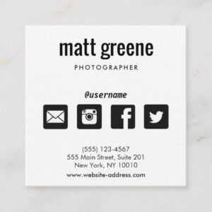 Professional Black and White Social Media Icons Square Business Card