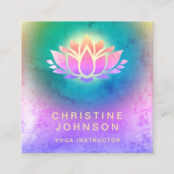 purple green blue lotus flower yoga instructor square business card