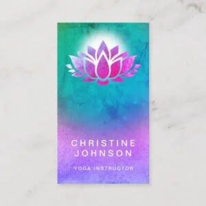 purple green lotus flower design yoga instructor business card