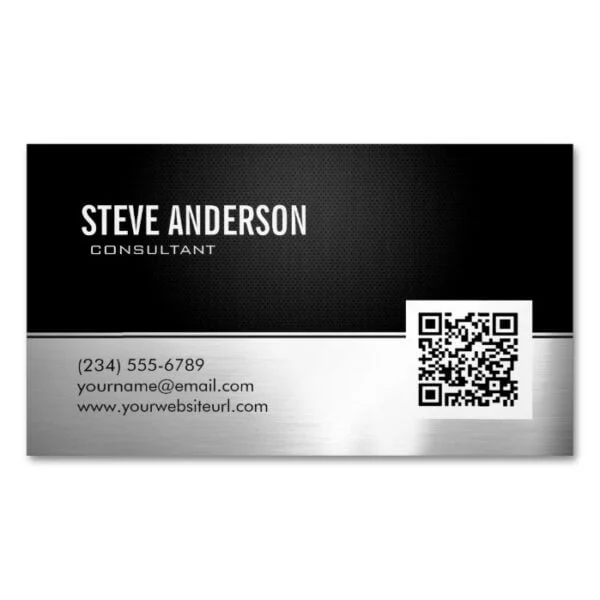 QR Code Professional Modern Black Silver Metallic Business Card Magnet