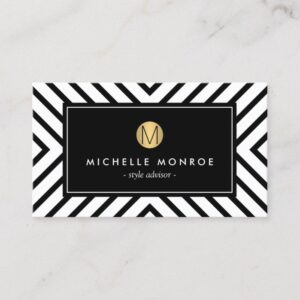 Retro Mod Black and White Pattern Gold Monogram Business Card