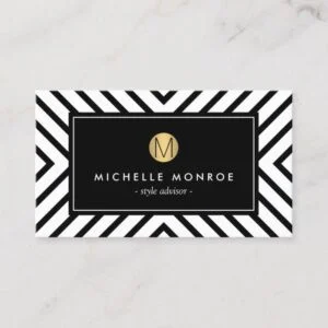 Retro Mod Black and White Pattern Gold Monogram Business Card