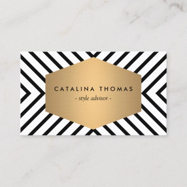 Retro Mod Black and White Pattern with Gold Emblem Business Card
