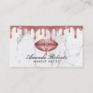 Rose Gold Dripping Lips White Marble Makeup Artist Business Card