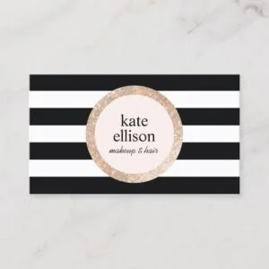 Rose Gold Sequin Black White Striped Beauty Salon Business Card
