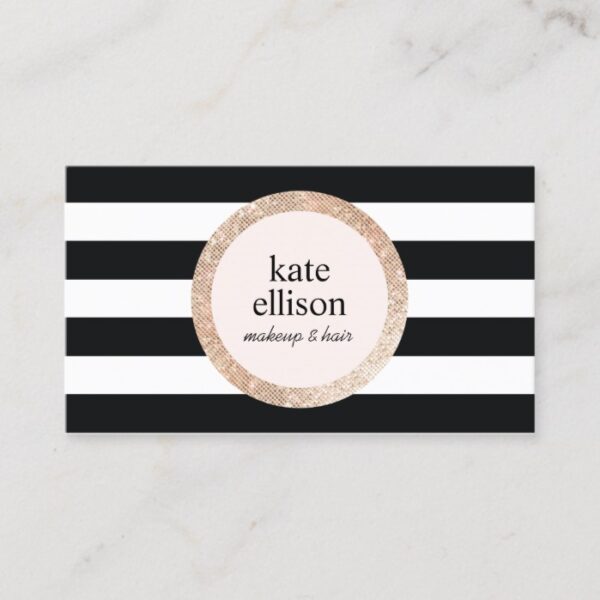 Rose Gold Sequin Black White Striped Beauty Salon Business Card