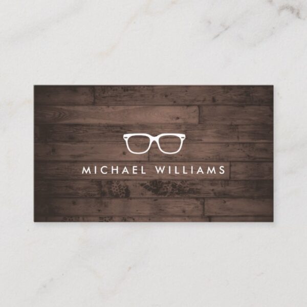 Rustic and Refined Eyeglasses Logo Brown Wood Business Card