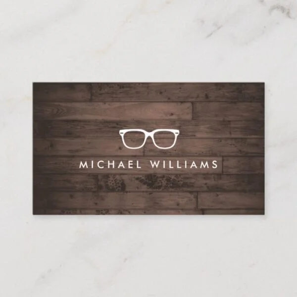 Rustic and Refined Eyeglasses Logo Brown Wood Business Card