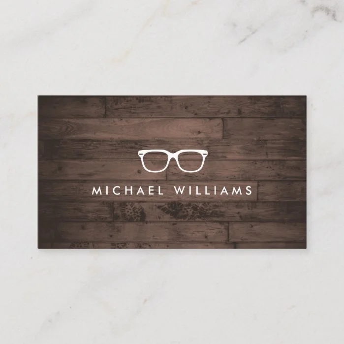 Rustic and Refined Eyeglasses Logo Brown Wood Business Card