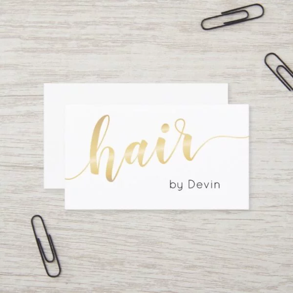 Simple Gold Script Typography Hair Stylist Salon Business Card