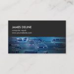 Simple Grey Blue Circuit Board Computer Repair Business Card