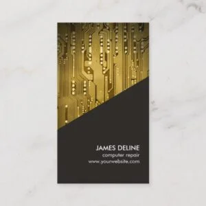 Simple Grey Gold Circuit Board Computer Repair Business Card