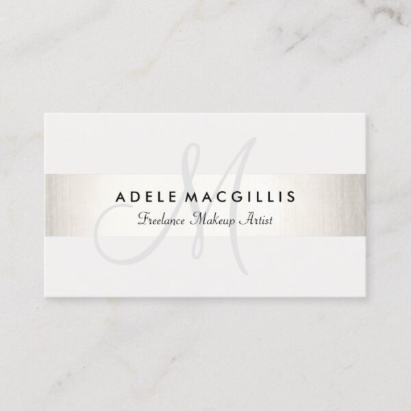 Simple Monogram White Modern FAUX Silver Striped Business Card