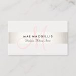 Simple Pink Monogram Modern FAUX Silver Striped Business Card