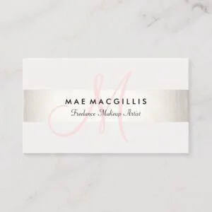 Simple Pink Monogram Modern FAUX Silver Striped Business Card