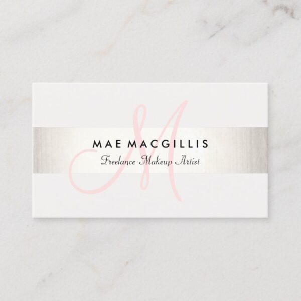 Simple Pink Monogram Modern FAUX Silver Striped Business Card