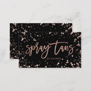 Spray tan script rose gold confetti splatters business card