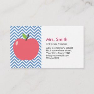 Teacher Cute Apple Modern Blue Chevron Stripes Business Card