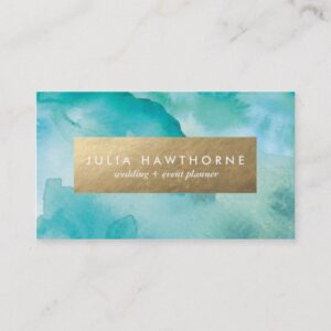 Turquoise Watercolor and Gold Faux Foil Business Card