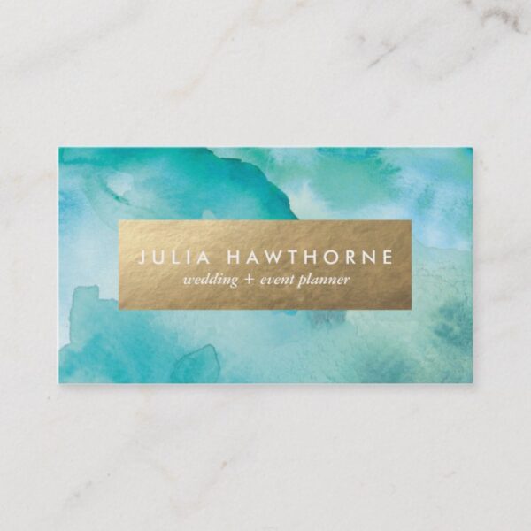 Turquoise Watercolor and Gold Faux Foil Business Card
