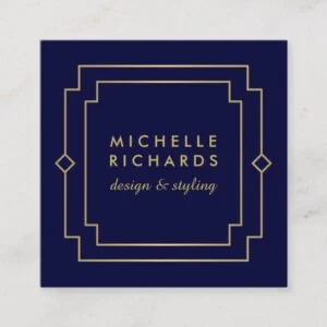 Vintage Art Deco Elegant Gold, Navy Square Business Card