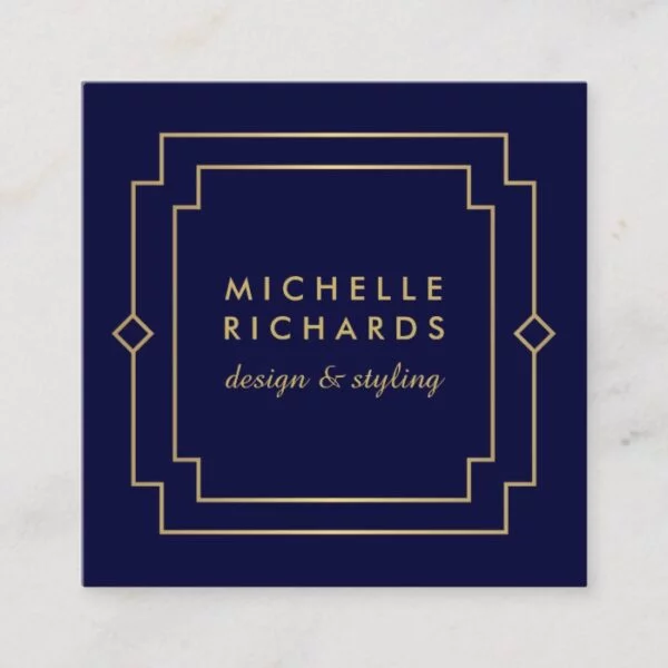 Vintage Art Deco Elegant Gold, Navy Square Business Card