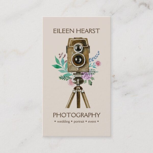 Vintage Camera & Flowers Watercolor Photography Business Card
