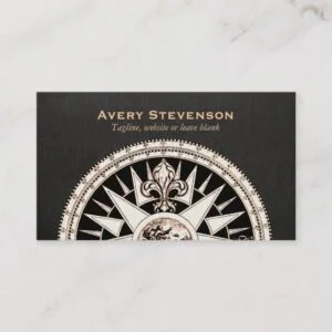 Vintage Compass Black Linen Look Finance Business Card
