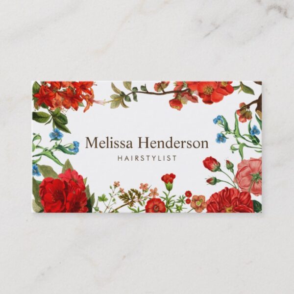 Vintage Floral Red and White Business Card