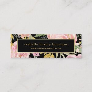 Watercolor Blooms | Pink and Gold Floral on Black Mini Business Card