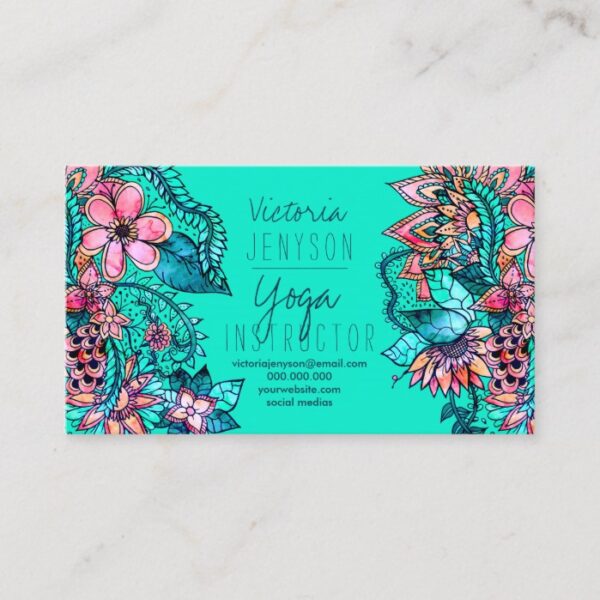 Watercolor floral illustration yoga instructor 2 business card