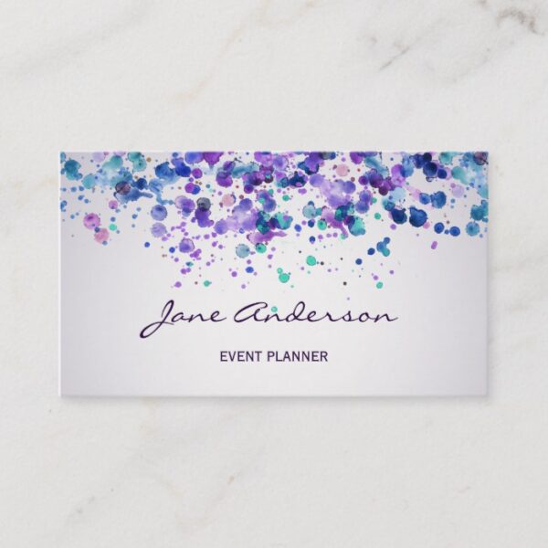 Watercolor purple violet blue paint splatter chic business card
